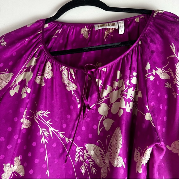 Yumi Kim Pink 100% Silk Butterfly Floral Polka Dot Prints Tie Cuff/Neck Blouse S - Picture 9 of 14